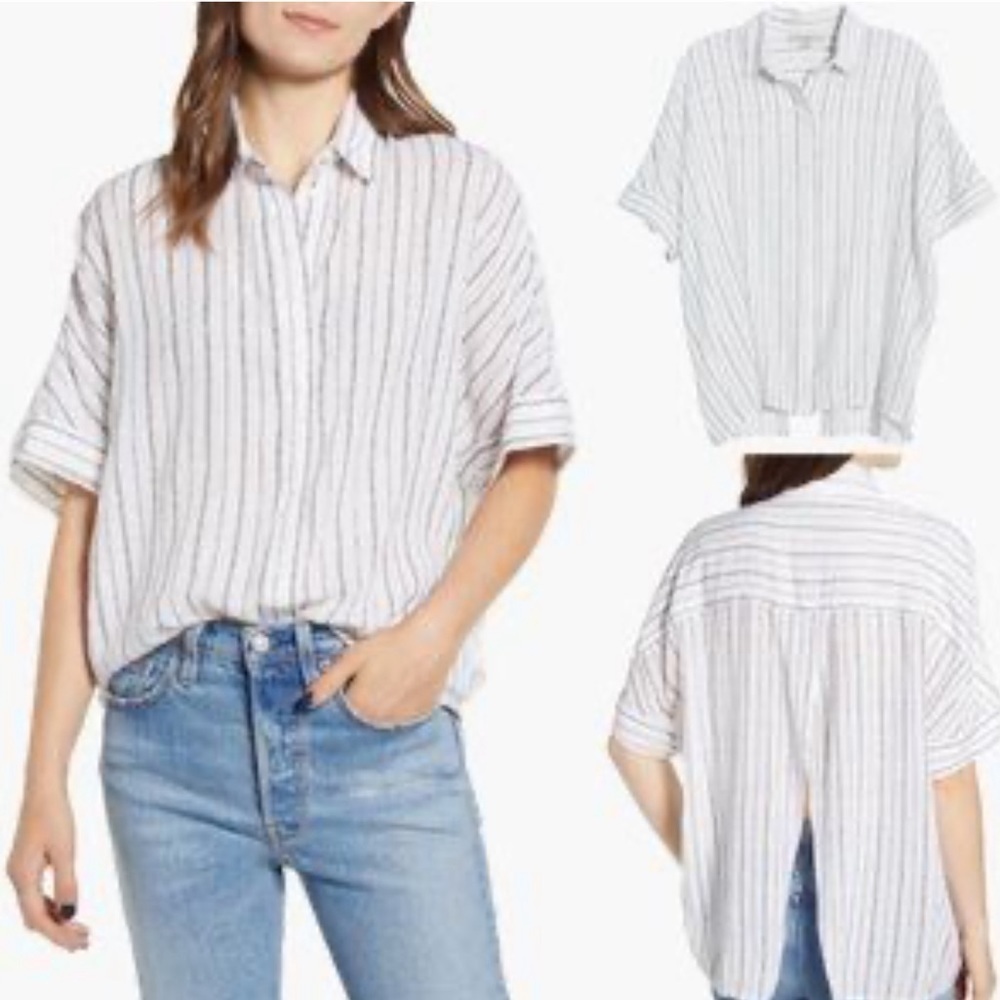 All Saints Button Front SS striped open back lightweight top shirt S (A-5)